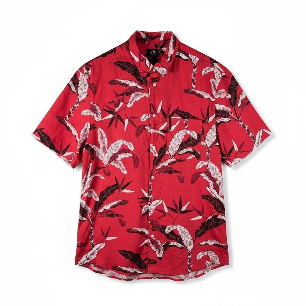 H&M Mens Regular Fit Hawaiian Shirt Tropical Palm Tree Red L